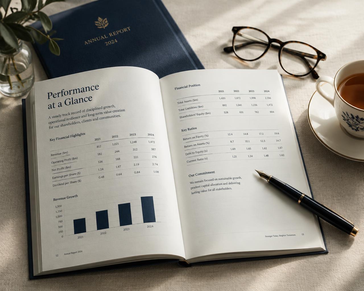 An open annual report on a desk beside a pen and reading glasses